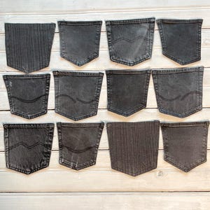 The pockets come in black and dark grey shades, featuring authentic details like frayed edges, subtle fading, and diverse stitching styles.