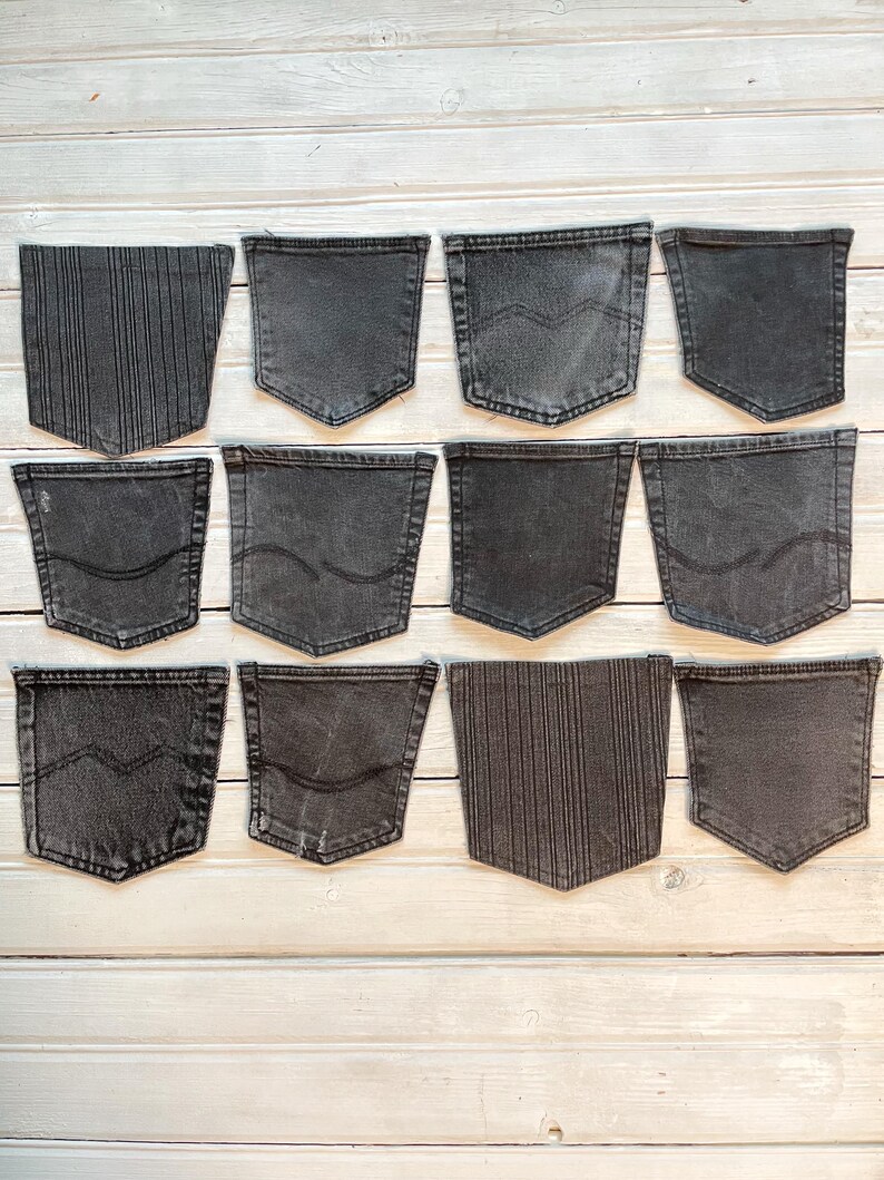The pockets come in black and dark grey shades, featuring authentic details like frayed edges, subtle fading, and diverse stitching styles.