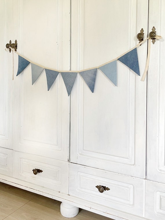 Denim flaggarland, Blue fabric bunting anner, Cotton triangle garland, Pennant chain for baby shower, Blue fabric garland desired length