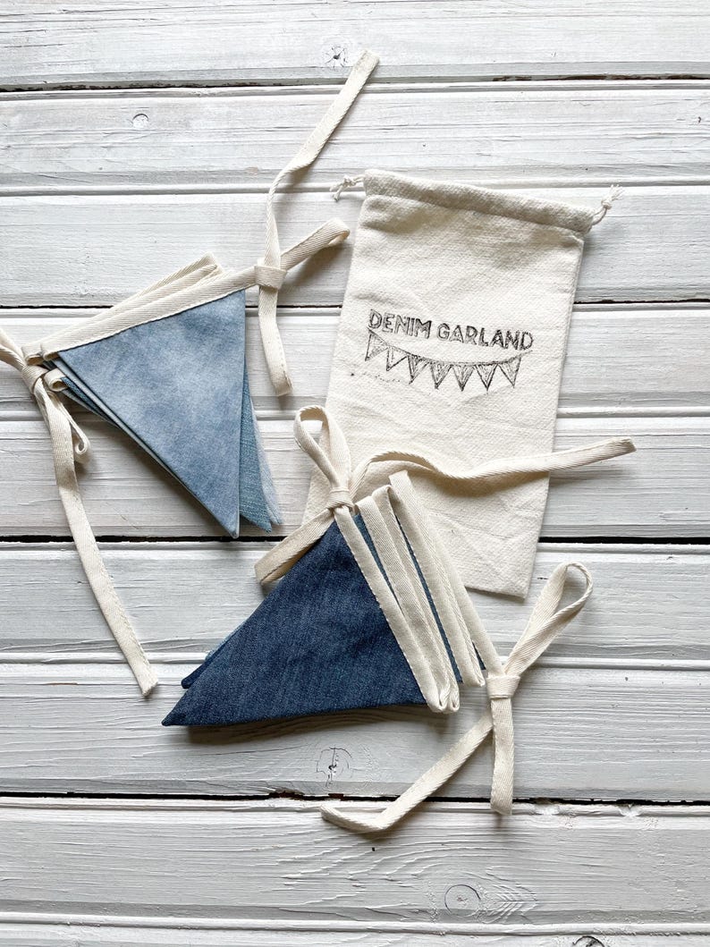 This denim pennant banner is ready to ship and will be dispatched in 1-3 business days.