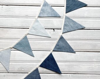 Baby blue denim bunting banner, Light or dark blue garland for baby boy party, Rustic nursery wall decor, Sustainable fabric flags