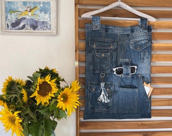 DENIM WANDHANGEND, blauwe hangende organizer, halorganizer met jeanszakken, opbergzakken voor thuis
