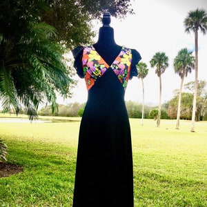1960&#39;s Black with Floral Bodice Maxi Gown