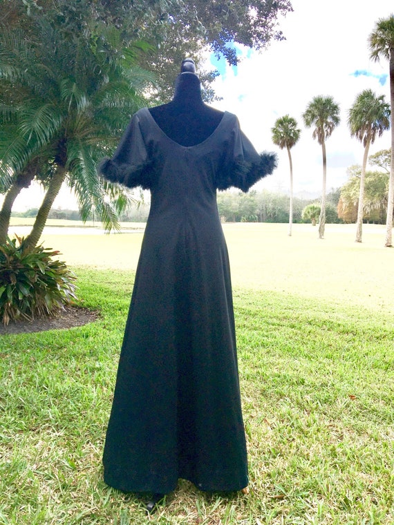 1970's Black Maxi Gown with Feather Winged Sleeves - image 2