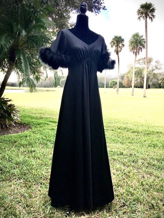 1970's Black Maxi Gown with Feather Winged Sleeves - image 1
