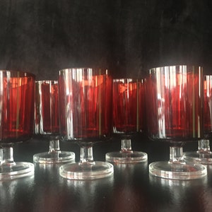 Set mit 6 Vintage Rubinroten und Klaren Apertif Gläsern