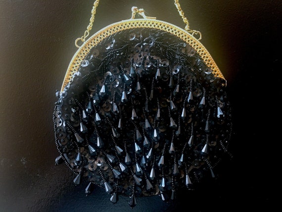 60's Beaded Black Handbag w/ Long Chain - image 1