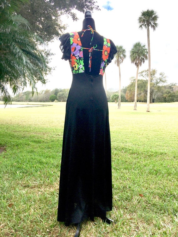 1960's Black with Floral Bodice Maxi Gown - image 2