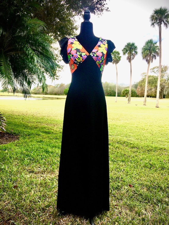 1960's Black with Floral Bodice Maxi Gown