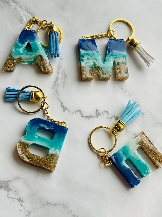 PERSONALIZED KEY CHAIN With Tassel letter Name Keychain Ocean Inspired Resin  Accessories / Beach Theme Resin Letter Keychain 