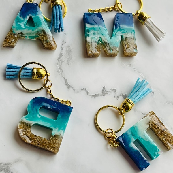 PERSONALIZED KEY CHAIN with tassel -Letter Name Keychain - Ocean Inspired Resin Accessories / Beach theme resin letter Keychain