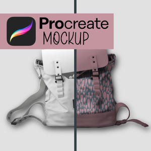 May include: A split image showcasing two backpacks. One is white with a white flap and straps, the other has a pink flap and a teal and pink pattern. The text "Procreate MOCKUP" is displayed above the backpacks.