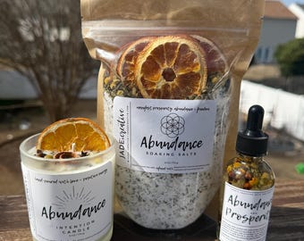 Coffret cadeau Abondance, bougie Abondance, huile magique Intention Abondance, sels de bain Abondance