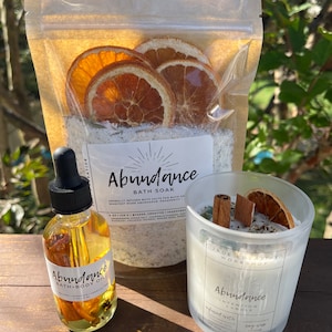Abundance Gift Set, Abundance Candle, Abundance Intention Spell Oil, Abundance Bath Salts