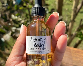 Anxiety Relief Body Oil, Calming All Natural Bath + Body Oil, Crystal + Herbal Infused Bath Oil