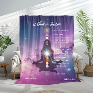 May include: A purple and blue galaxy themed tapestry with a silhouette of a person in a yoga pose. The tapestry features the 12 chakra system with the names of each chakra listed. The text "12 Chakra System" is at the top of the tapestry.