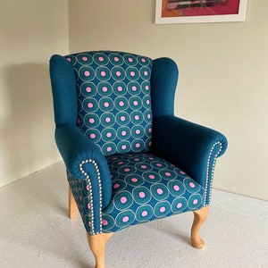 Child’s chair mini wingback armchair funky blue geometric design