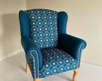 Child’s chair mini wingback armchair funky blue geometric design