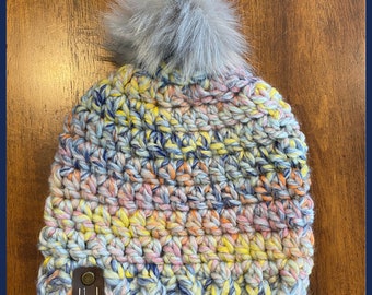 Toddler-Sized Beanie | Multi-Colored Pastel Chunky Winter Hat with Gray Pom-Pom | Fall & Winter Beanie