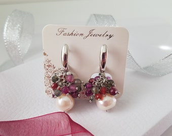 Pearl Earrings with Multi-Colored Agate, Pearl Cluster, Delicate Earrings,Gift For Her