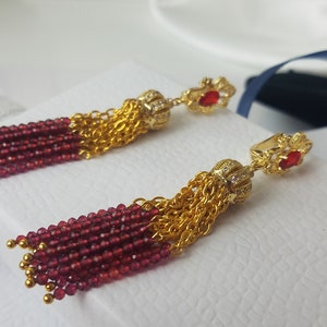 Red beaded tassel earrings, Gold plated statement jewelry, Long ruby dangle earrings