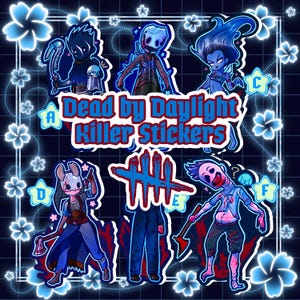 Puede incluir: Una colección de pegatinas coloridas con personajes de "Dead by Daylight". Las pegatinas muestran varios asesinos con diseños únicos, incluyendo una figura enmascarada de conejo con un hacha y una figura con una guadaña. Se muestra el texto "Dead by Daylight Killer Stickers".