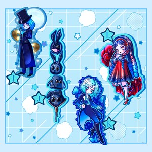 May include: Digital art print featuring several anime-style characters with blue and red color schemes. The characters include a figure in a top hat, a series of rabbit-like figures, and two female figures. The background is light blue with stars and clouds.