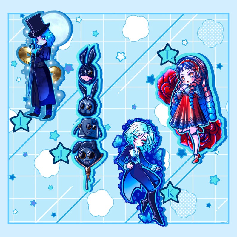 May include: Digital art print featuring several anime-style characters with blue and red color schemes. The characters include a figure in a top hat, a series of rabbit-like figures, and two female figures. The background is light blue with stars and clouds.