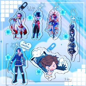 May include: A collection of acrylic keychains featuring anime-style character designs. The keychains are various shapes and sizes, with some measuring 2.5 inches and 3 inches. The designs include figures in various outfits and poses, with a blue and white color scheme.