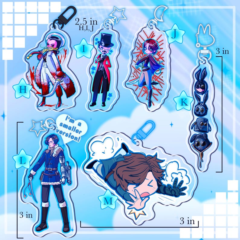 May include: A collection of acrylic keychains featuring anime-style character designs. The keychains are various shapes and sizes, with some measuring 2.5 inches and 3 inches. The designs include figures in various outfits and poses, with a blue and white color scheme.