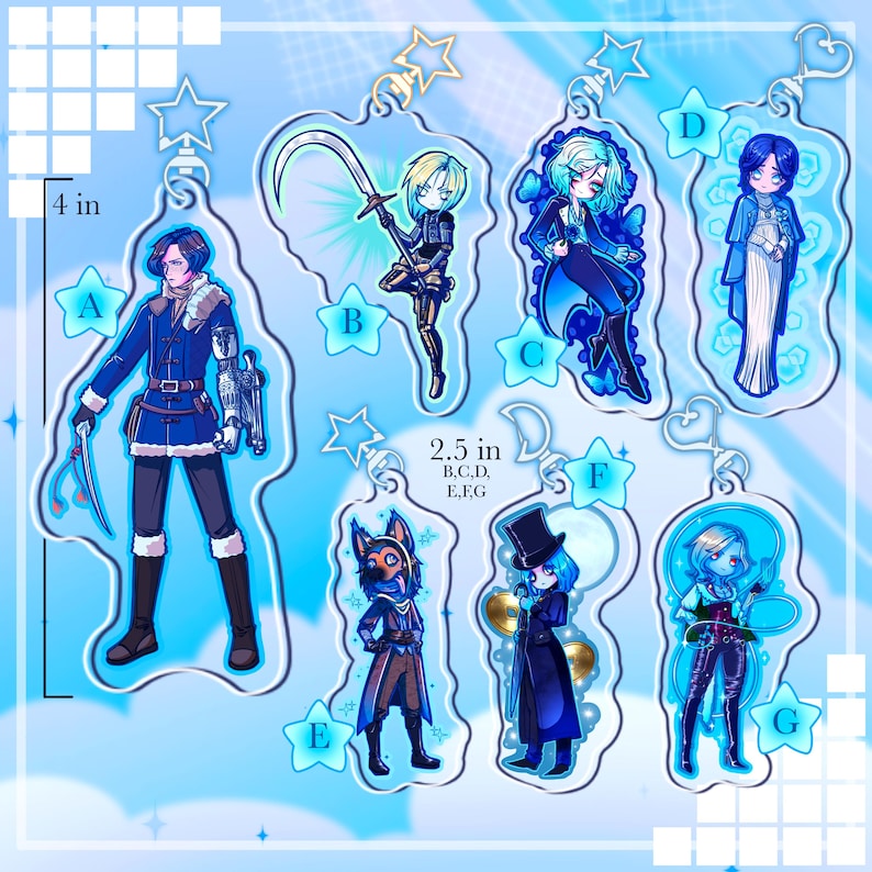 May include: A collection of seven anime-style acrylic charms, each featuring a unique character design. The charms are primarily blue and white, with various outfits and accessories. The largest charm measures 4 inches, while others are 2.5 inches.