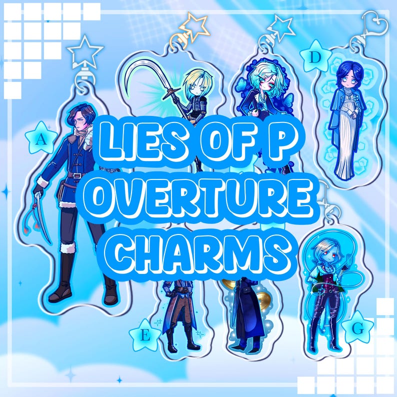 May include: A collection of acrylic charms featuring characters from "Lies of P Overture." Each charm showcases a unique character design with a light blue background. The charms are attached to silver-colored metal hooks and star-shaped accents.