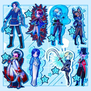 May include: A collection of eight stylized character illustrations, each with a unique design. The characters are depicted in various outfits and poses, with a consistent anime-inspired art style. The color palette is dominated by blues, reds, and blacks.