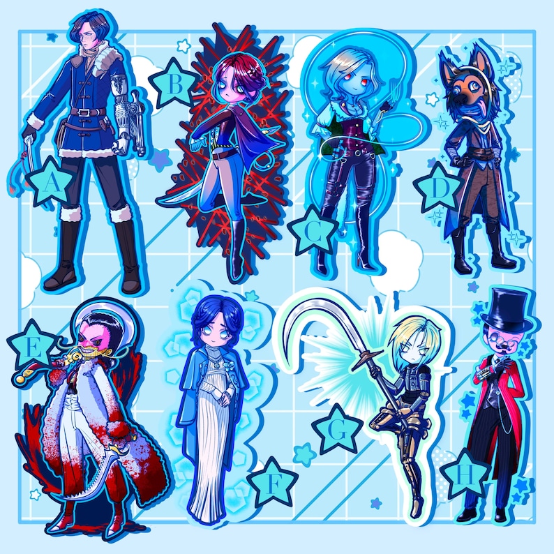 May include: A collection of eight stylized character illustrations, each with a unique design. The characters are depicted in various outfits and poses, with a consistent anime-inspired art style. The color palette is dominated by blues, reds, and blacks.