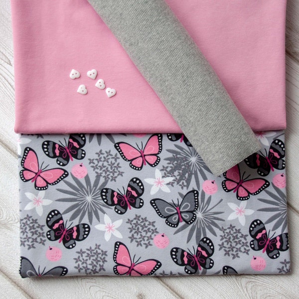 Paquet de tissus jersey avec imprimé animalier « papillons », jersey rose, poignets gris, boutons gratuits