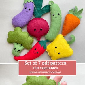May include: Set of 7 PDF patterns for felt vegetables. The patterns include a carrot, aubergine, broccoli, pepper, radish, bell pepper, and a chilli pepper. Each vegetable has a cute smiling face.