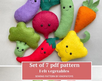 Set of 7 felt Vegetables Pattern Easy PDF sewing tutorial Play food Digital Download Handmade plush gift for Kids vegetables Pretend food