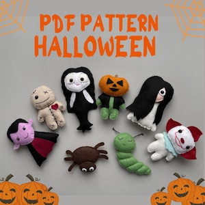Set of 8 Halloween pattern PDF felt Halloween ornaments DIY Halloween decor felt Pumpkin pattern Dracula Kawaii Halloween felt pattern