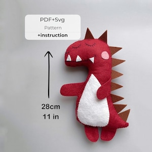 May include: Red felt dinosaur plush toy with white teeth and a white belly. The toy is 11 inches tall. PDF + SVG pattern and instructions are included.