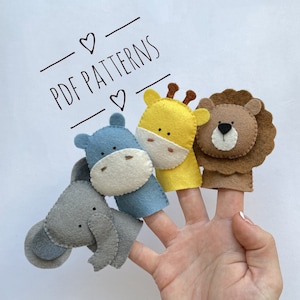 Set of 4 fanny Finger Puppets Pattern, safari digital download, Easy plush pattern, PDF felt animals, safari shower gift idea, DIY tutorial