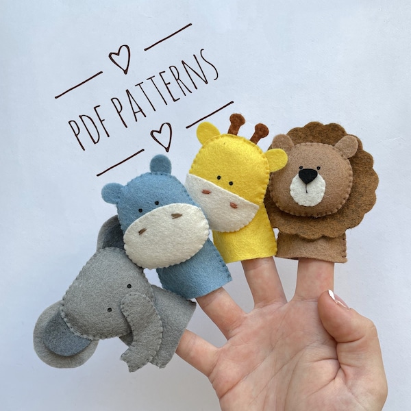 Set of 4 fanny Finger Puppets Pattern, safari digital download, Easy plush pattern, PDF felt animals, safari shower gift idea, DIY tutorial