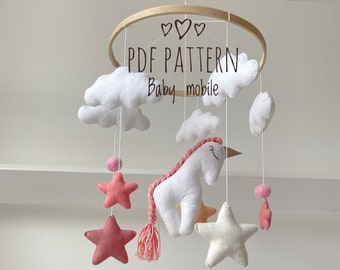 Einhorn-PDF-Muster. Set mit 3 Fanny-Mustern. Baby-Mobile. Digitaler Download. Plüschmuster. Einhorn-Horn. Machen Sie Ihr eigenes Girlanden-Kinderzimmer-Mobile