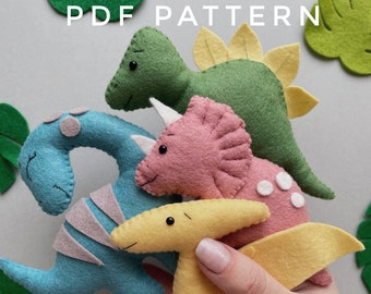 Set of 4 PDF Pattern Dinosaurs , Supper easy toys pattern, PDF Digital Download, Felt toys Dinosaurs, Hand Made toys of felt