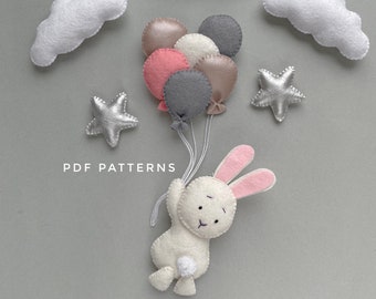 PDF Pattern Bunny and Balloons,Stars and Clouds pattern, plush pattern,bunny plush,Digital Dawnload,DIY baby mobile,felt ornaments