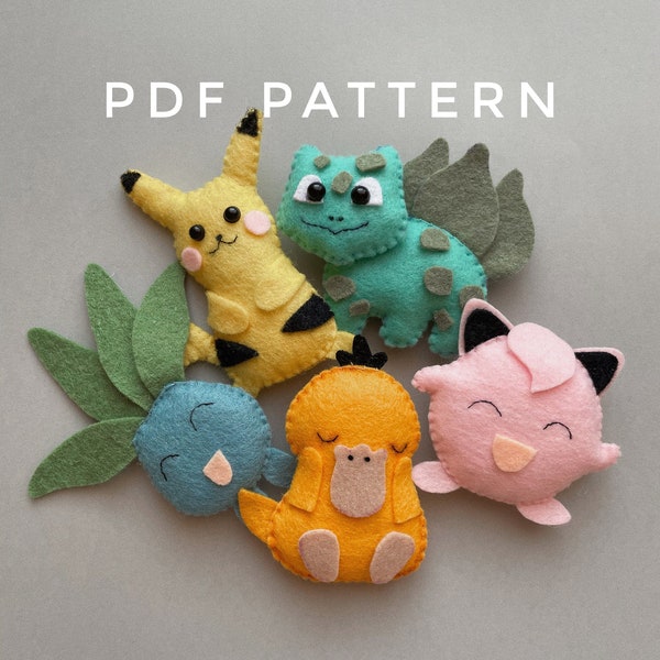 Set of 5 Pokemon pattern, easy Pokemon PDF pattern, Pokemon decor, sewing Pikachu pattern, PDF digital download, Fanny Pokemon