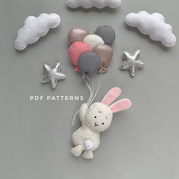 PDF Pattern Bunny and Balloons,Stars and Clouds pattern, plush pattern,bunny plush,Digital Dawnload,DIY baby mobile,felt ornaments