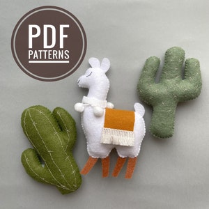 May include: A set of three felt toy patterns for a llama, a cactus, and a cactus with a single arm. The patterns are available as a PDF download. The text "PDF PATTERNS" is in a brown circle.