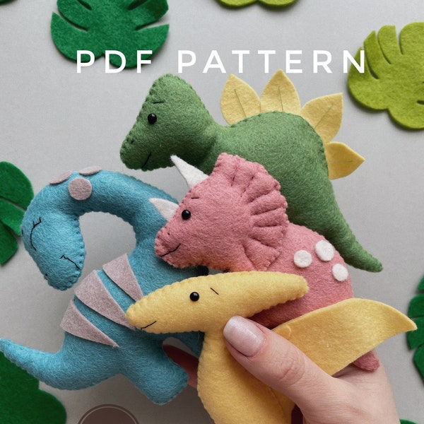 Set of 4 PDF Pattern Dinosaurs , Supper easy toys pattern, PDF Digital Download, Felt toys Dinosaurs, Hand Made toys of felt