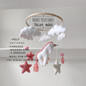 Make your own Unicorn Mobile nursery decor craft kit Baby mobile pattern DIY baby mobile complete kit  hand made Baby shower gift diy kit