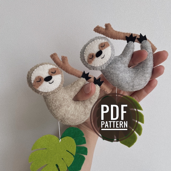 Sloth ornament PDF pattern Felt plushie pattern Sloth sewing tutorial funny ornament Baby mobile pattern kawaii plush DIY pattern felt toy